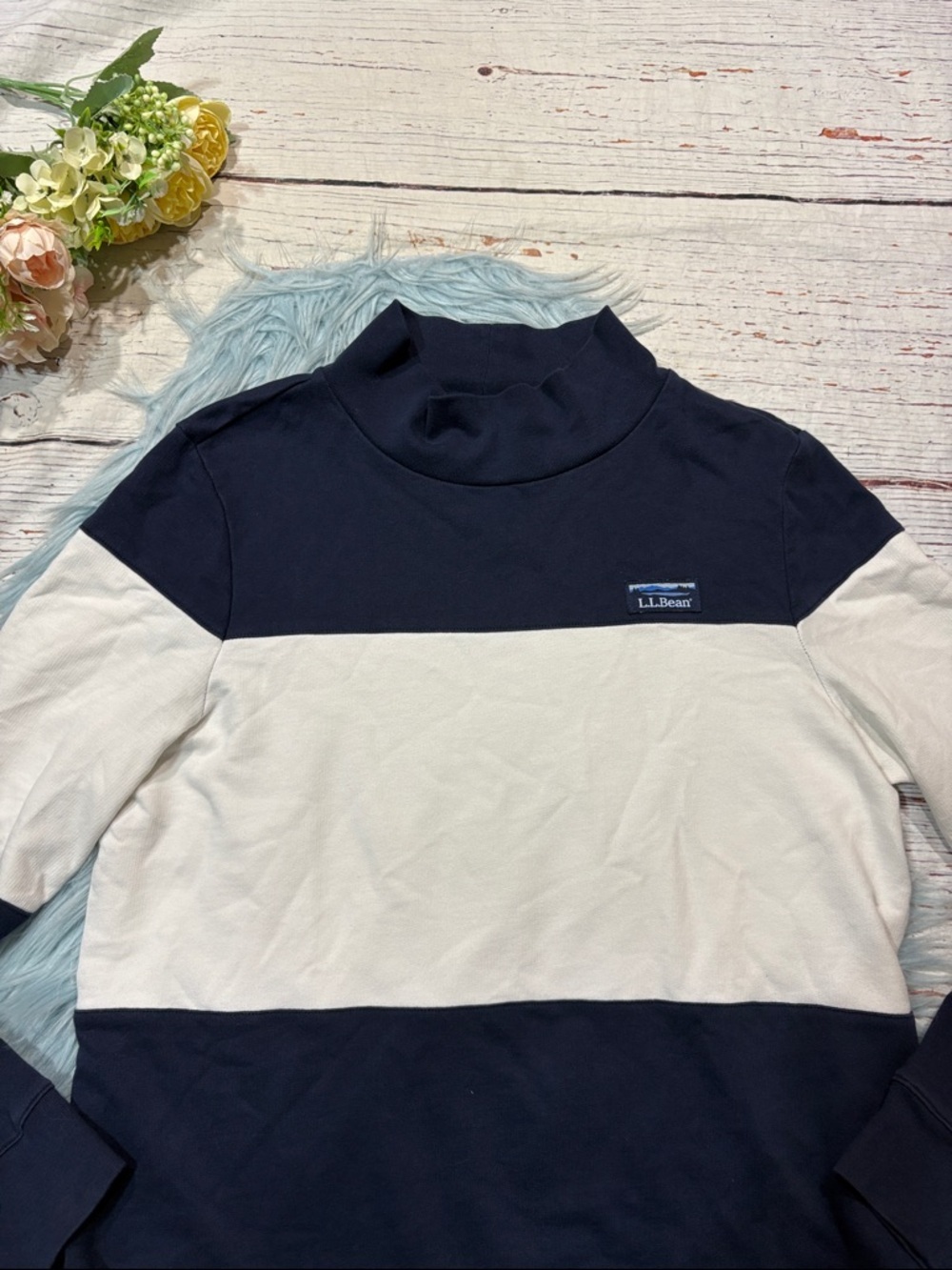 L.L. Bean Rugby Striped Navy Mockneck Side Zipper Tunic Lightweight Sweatshirt - Picture 5 of 10